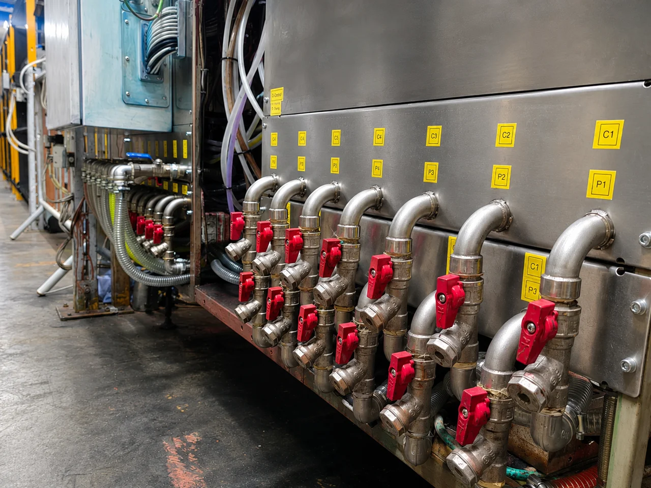 Stainer dosing machine after the upgrade — angled view showing accessible stainless pipework and rows of relocated red-handled valves
