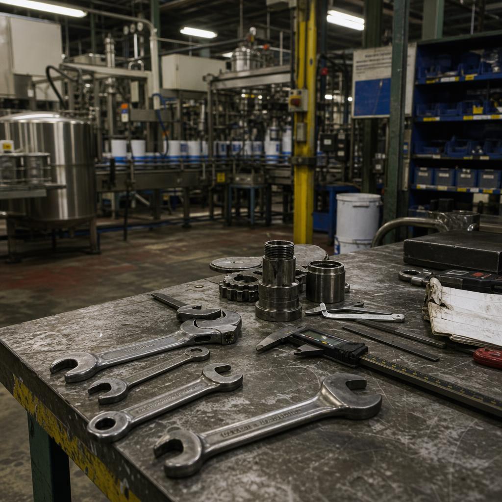 Maintenance engineer measuring industrial machinery with calipers